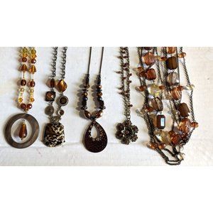 Lot of 5 Vtg-mod Amber Colored Chunky Glass Resin Beaded Necklaces Art Deco